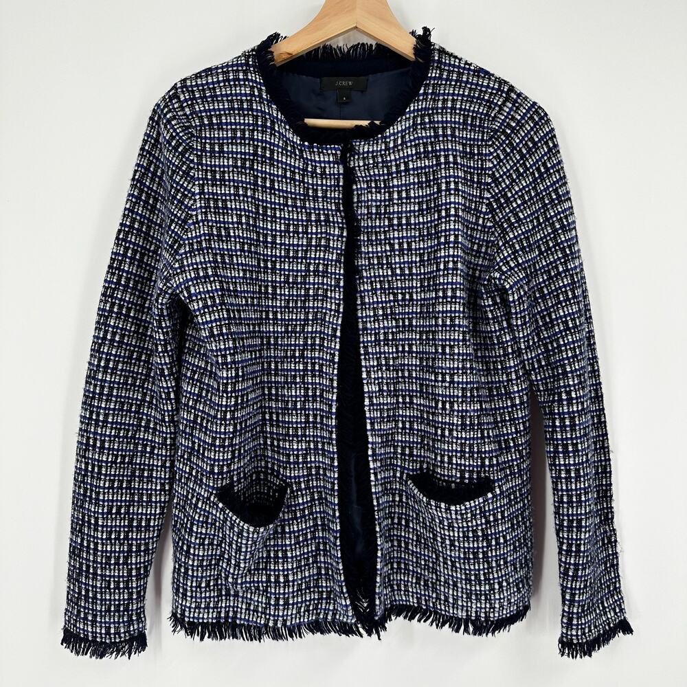 J. Crew Tweed Blazer Jacket Fringe Navy Metallic‎ Hook Eye Size Small